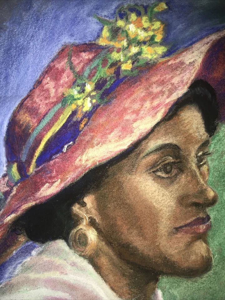 Original - Pastel - Boceto - Retrato - Mujer - Sombrero Floral para el Sol - Arte - Color Foto 1 de 4