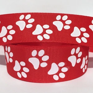 GROSGRAIN RIBBON 1" White Paw Prints on Red ribbon dog BULK - Picture 1 of 1