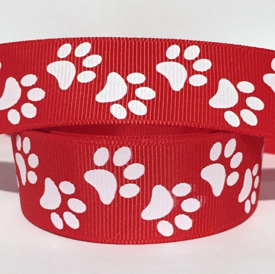 GROSGRAIN RIBBON 1" White Paw Prints on Red ribbon dog BULK - Image 1 of 1
