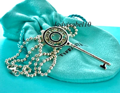 18" Tiffany & Co Atlas Llave Lg Etiqueta de Perro Collar con Cuentas Plateado con Bolsa - Auténtico Foto 1 de 4