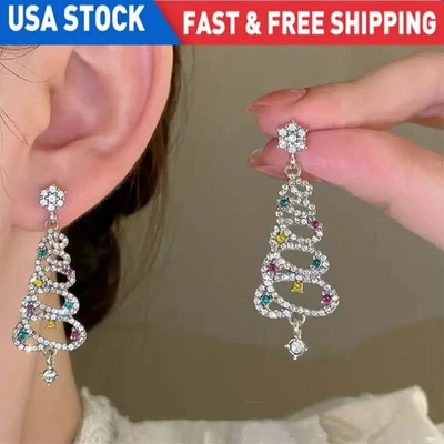 Pendientes colgantes de árbol de Navidad de cristal de plata 925 para mujer 2025 joyas de Navidad Foto 1 de 4