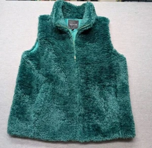 NWT Talbots Faux Fur Vest Women's Large Green Lined Pockets Zipper Chic - Picture 1 of 8