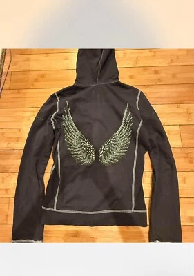 Twisted heart Sz S charcoal gray almost black angel wing crystal hoodie. - Image 1 of 4