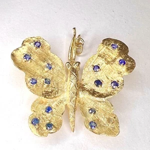 Vintage Solid Yellow Gold Genuine Blue Spinel Butterfly Brooch Pendant 7.67g - Picture 1 of 11
