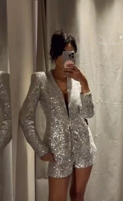 ZARA SEQUIN BLAZER SILVER LAPELLESS HIDEN HOOK NEW SS24 SIZES XS-XL REF 2879/482 - Image 1 of 4