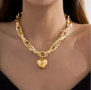 18K Gold plated Zara New Chunky love heart necklace large links chain pendant - Picture 1 of 7
