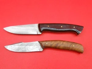 Custom Handmade 2 Pcs Pattern Damascus Hunting Knife Horn And Wood Handle A183 - Picture 1 of 12