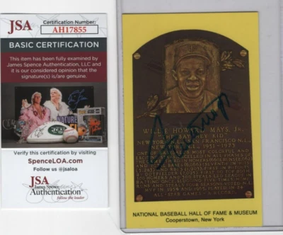 Willie Mays Signed Yellow Hall of Fame Plaque Postcard JSA Auto HOF Post Card - Image 1 of 4