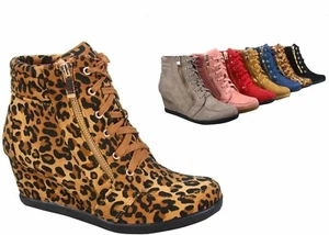 NEU Damen Runde Zehenpartie Schnürung Hoch Niedriger Keilabsatz Mode Turnschuhe Schuhe - Bild 1 von 66