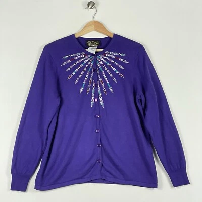 Suéter Bob Mackie Usable Arte Púrpura Con Cuentas Bordado Botón Para Mujer Mediano Foto 1 de 4