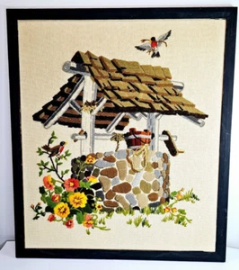 Groovy Home Vintage Mid-Century Floral Deseando Bien Negro Enmarcado Crewel 17"x19" - Imagen 1 de 11