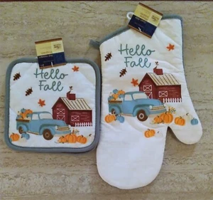 Thanksgiving Autumn 'Hello Fall' Oven Mitt & 2 Pot Holder Set - Picture 1 of 6