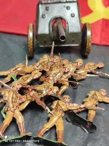 VINTAGE PENNY TOY MEIER SOLDATINI FANTERIA + CANNONE 12 OGGETTI GERMANIA LATTA METALLO LOTTO - Foto 1 di 24