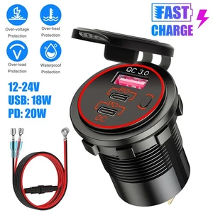12-24V USB C 3 Port Fast Car Charger PD & QC3.0 Outlet Socket for Boat RV Marine - Picture 1 of 11