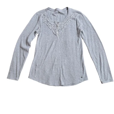 Eddie Bauer Womens Vintage Y2K Preppy Boho Floral Lace Waffle Knit Henley Top M Foto 1 de 4