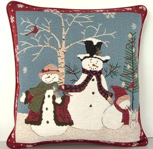 Muñecos de nieve - Familia de 3 muñecos de nieve, pájaros rojos, copo de nieve borde tapiz almohada nuevo - Imagen 1 de 8
