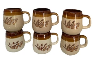 6 Vintage 70’s Country Brown Wheat & Flower Stoneware 10 oz. Coffee Mugs Taiwan - Picture 1 of 5