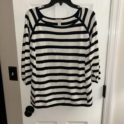 Suéter Chico’s Para Mujer Talla 2 Off Set Rayas Manga Raglán Algodón Negro/Marfil Foto 1 de 4