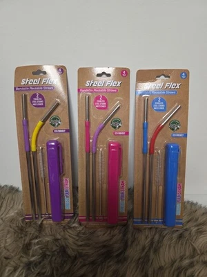 Set Of 3 Steel Flex Bendable Reusable Sttaw Packs. - Image 1 of 4