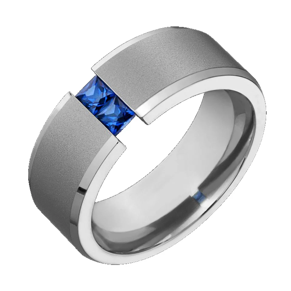 Alianza de boda de titanio para hombre conjunto de tensión de zafiro azul anillo de ajuste cómodo talla 4 a 14 Foto 1 de 1