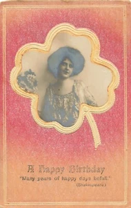 Postcard Happy Birthday 4 Leaf Clover Shakespear Quote Sparkles Early 1900's - Bild 1 von 2