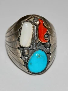 ENORME Anello Navajo STERLING Turchese Blu Naturale CORALLO MOP Firmato JD anni 80 - Foto 1 di 5