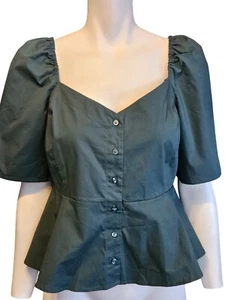 Gap Sweetheart Button Front Peplum Blouse Puff Sleeves Womens M Petite - Picture 1 of 7
