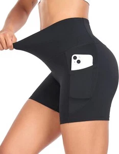 Womens High Waisted Biker Shorts Athletic Yoga Gym Running Large, Black - Picture 1 of 7