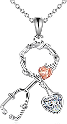 HERMÈS Collana cuore stetoscopio infermiera argento sterling 925 ciondolo caduceo regali 18"