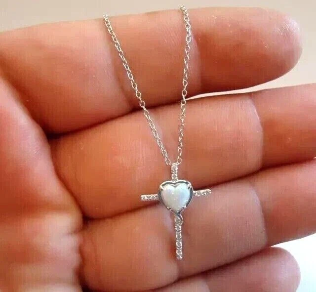 Heart Cut Simulated Fire Opal Stunning Cross Fancy Pendant 14k White Gold Plated - Image 1 of 4