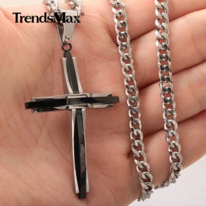 Mens Silver+Black Stainless Steel Cross Pendant Necklace 18-30" Cuban Curb Chain - Picture 1 of 13