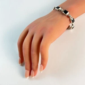 Brazalete de palanca de eslabones de plata de ley de ónix negro de 7" - Imagen 1 de 5