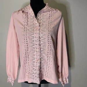 Vintage Lee Mar Pageant Rose Mauve Long Sleeve Blouse Lace Eyelet Top Button Dwn - Picture 1 of 11