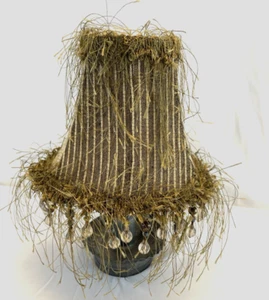 Tan and Brown Stripe Print Clip On Lamp Shade Eyelash Fringe & Beads 5" Tall - Picture 1 of 10