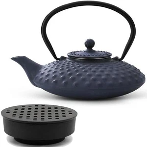 Asiatisches Gusseisen Tee Set blau 0.8 Liter Teekessel Teebereiter mit Stövchen - Bild 1 von 8