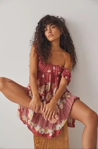 Free People Bali Wild Daisy slip mini abito babydoll con volant slip floreale nuovo L - Foto 1 di 19