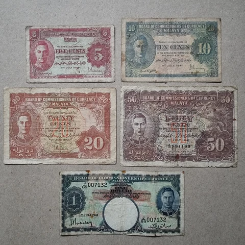 1941 Malaya 5, 10, 20, 50 Cents & 1 Dollar Banknotes Set of 5 Notes KGVI Cover