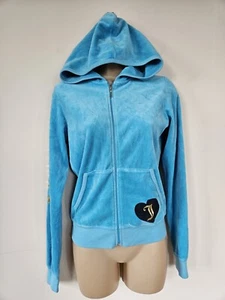 JUICY COUTURE New York BLUE Velour Long Sleeve Hooded Zip Up Sweater M Cardigan - Picture 1 of 24