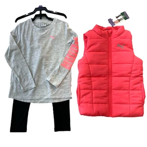 Puma Girl Puffer Vest Long Sleeve Shirt Legging 3 Piece Set Pink Black XS 5-6 - Picture 1 of 12