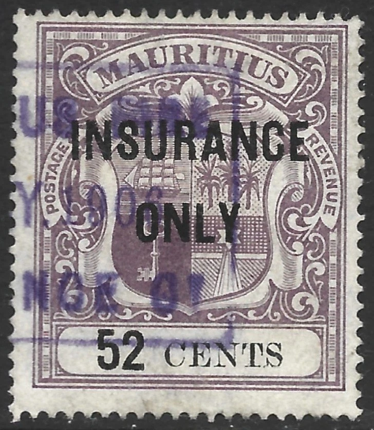 Mauritius 1904 Revenue Insurance 52 CENTS (3mm high) #49 Fine Used - Image 1 of 1