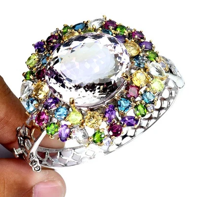 925纯银手镯椭圆形紫黄水晶80克拉黄玉手工宝石6.2英寸 — 第 1/4 张图片