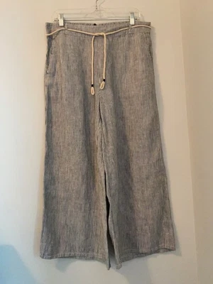 Pantalones Tahari Pierna Ancha Lino Talla Grande Azul Blanco Pin Rayas Pull On Coastal Foto 1 de 4