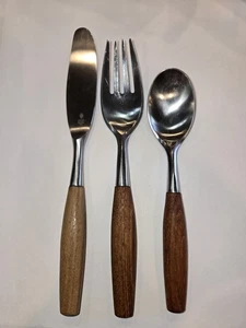 DANSK GERMANY MCM FJORD TEAK STAINLESS STEEL SALAD FORK DINNER KNIFE TEA SPOON - Picture 1 of 21