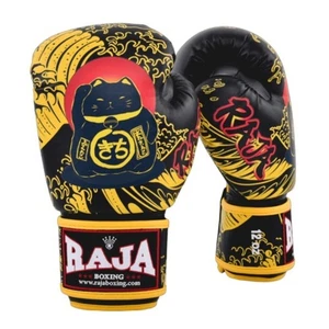 Raja Muay Thai Gloves Kickboxing Fancy Gloves # Black Lucky Cat 12oz. Microfiber - Afbeelding 1 van 4
