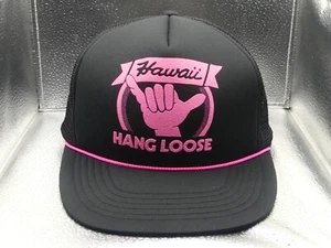 Hawaii Hang Loose Hawaiian Headwear Black Pink Rope Mesh Snaps Trucker Hat Cap - Picture 1 of 13