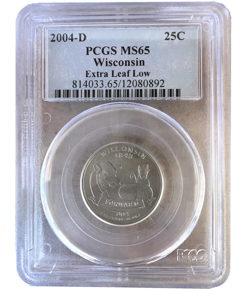 2004-D 25C Wisconsin State Extra LEAF LOW Quarter PCGS MS65 US Rare Coins USA - Image 1 of 2