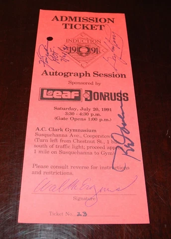 1991 Baseball Hall of Fame Game Admission Pass Ticket Carew Jenkins Perry Auto Cover