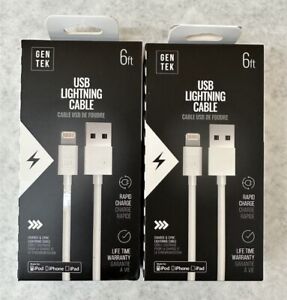Lot of 2 Gentek USB Rapid Charge & Sync Cable 6ft for iPhone - White