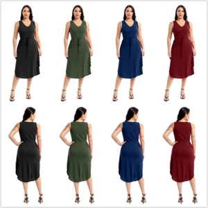 Women Casual Sleeveless Midi Dress V Neck Side Slit Drawstring Dress with Pocket - Picture 1 of 54