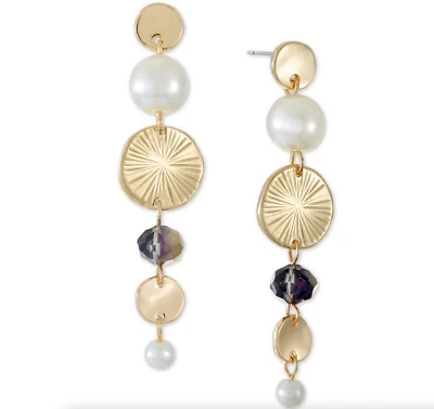 PENDIENTES COLGANTES LINEALES STYLE & CO DISCO DORADO CUENTAS Y PERLAS DE IMITACIÓN NUEVOS CON ETIQUETAS Foto 1 de 4